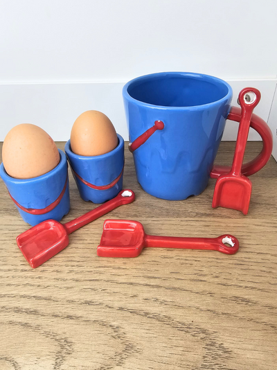 Ceramic Bucket Shaped Egg Cups and Spade Spoons