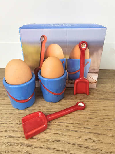 Ceramic Bucket Shaped Egg Cups and Spade Spoons