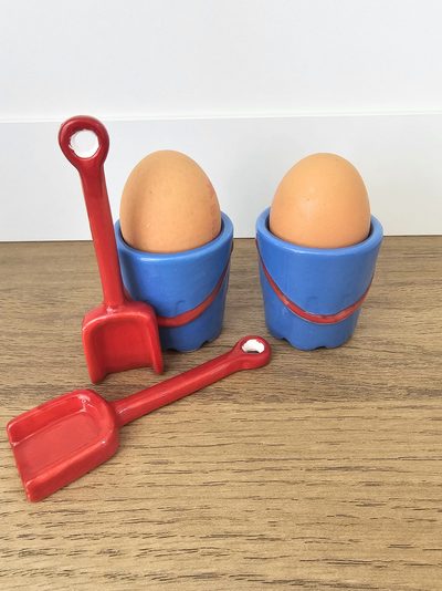 Ceramic Bucket Shaped Egg Cups and Spade Spoons